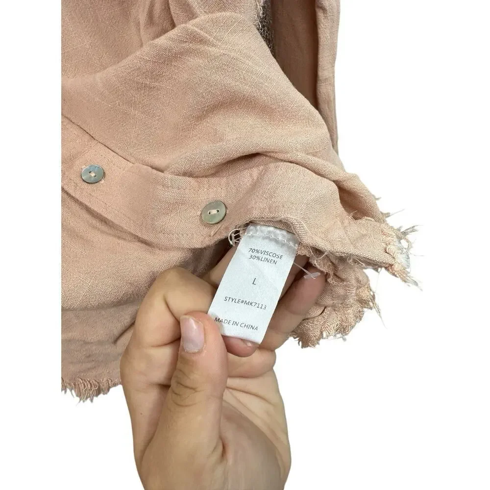 Mazik Boutique Button Up Pink Shirt Raw Hem Linen Blend Womens Large New - Picture 3 of 7